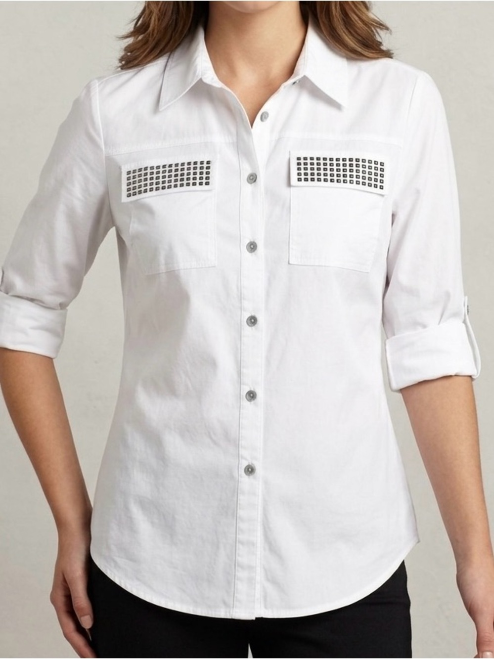 DKNY White Cotton Button Down Women’s Medium Blouse Studded Pocket Roll Sleeve